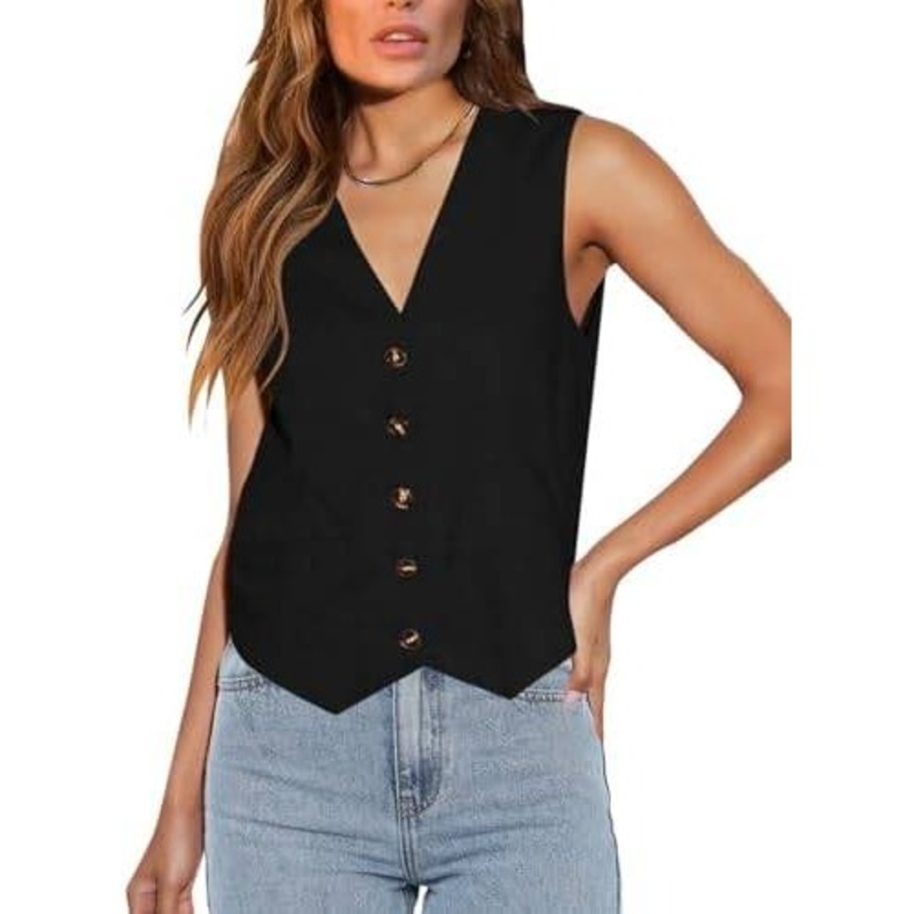 HAVE Los‎ Angeles Womens Black Tailored Button Front V-Neck Vest Top L(88)
